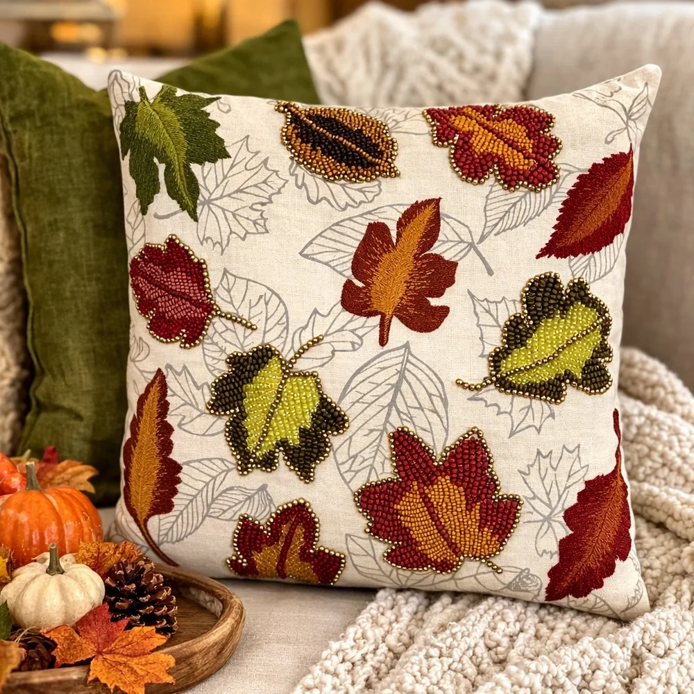 Pier 1 Beaded Autumn Leaves Decorative Throw Pillow 16” Fall Harvest